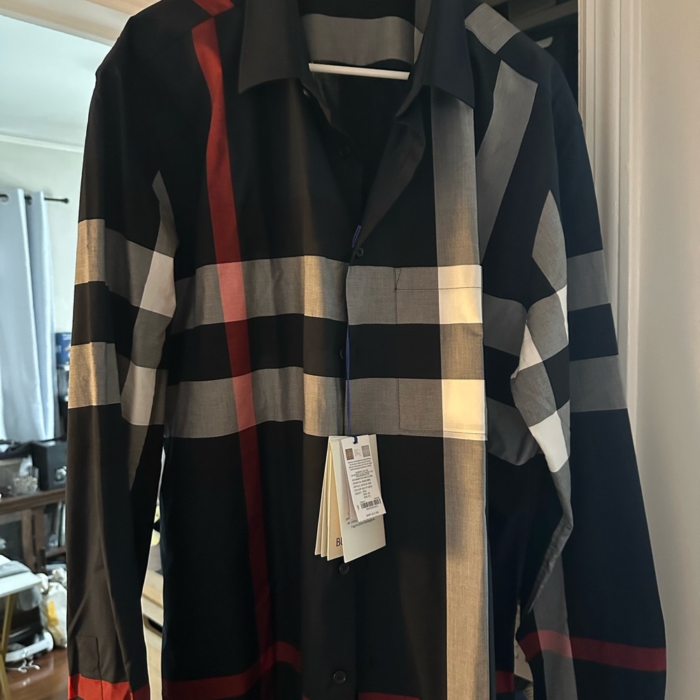 Burberry Black Plaid Dress Shirt with Red and Gray Accents